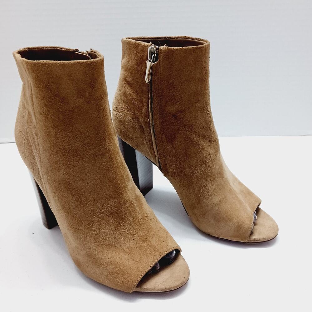 Shoes Women Sam Edelman Suede Block Heel Boots Open Toe Yarin Zip Tan Size 7.5M